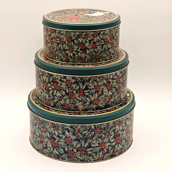 Merry Christmas Tin Storage Set - Cardinal, Dove, Floral Berry Design - Picture 3 of 8